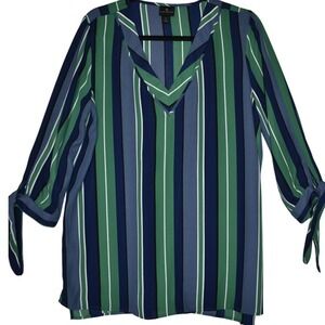 Worthington Striped Babydoll Dress‎ Tie Sleeve V-Neck Casual Blue Green Size L
